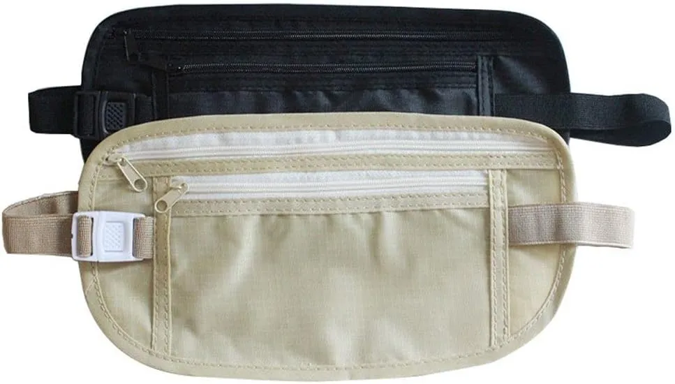2 Pack Travel Money Belt Waist Wallet, Slim RFID Blocking Passport Holder, Invisible Belt Bag Fanny Pack for Men Women