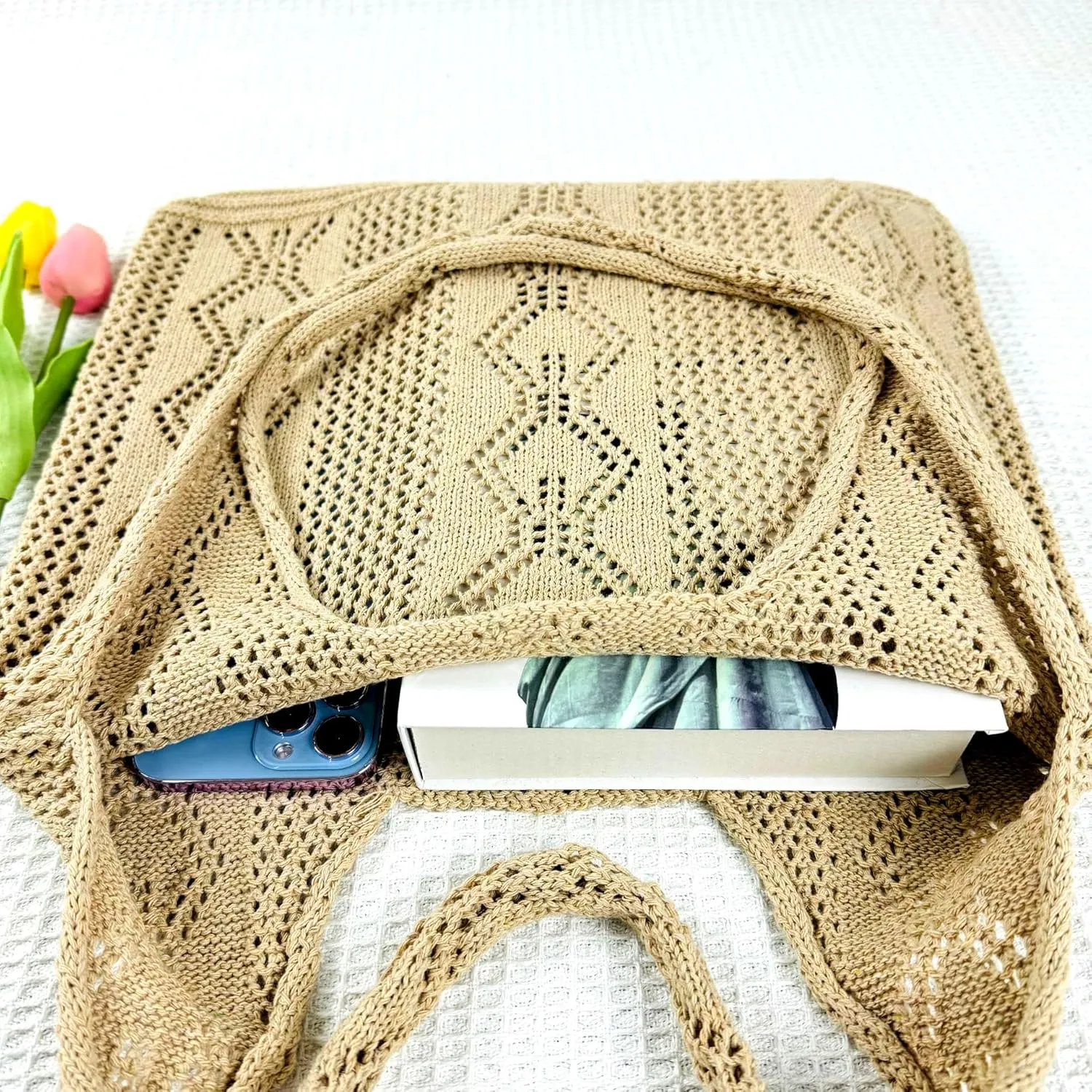 Aroghehiz Beach Bags for Women Crochet Tote Bag Summer Vacation Aesthetic Tote Knit Bag