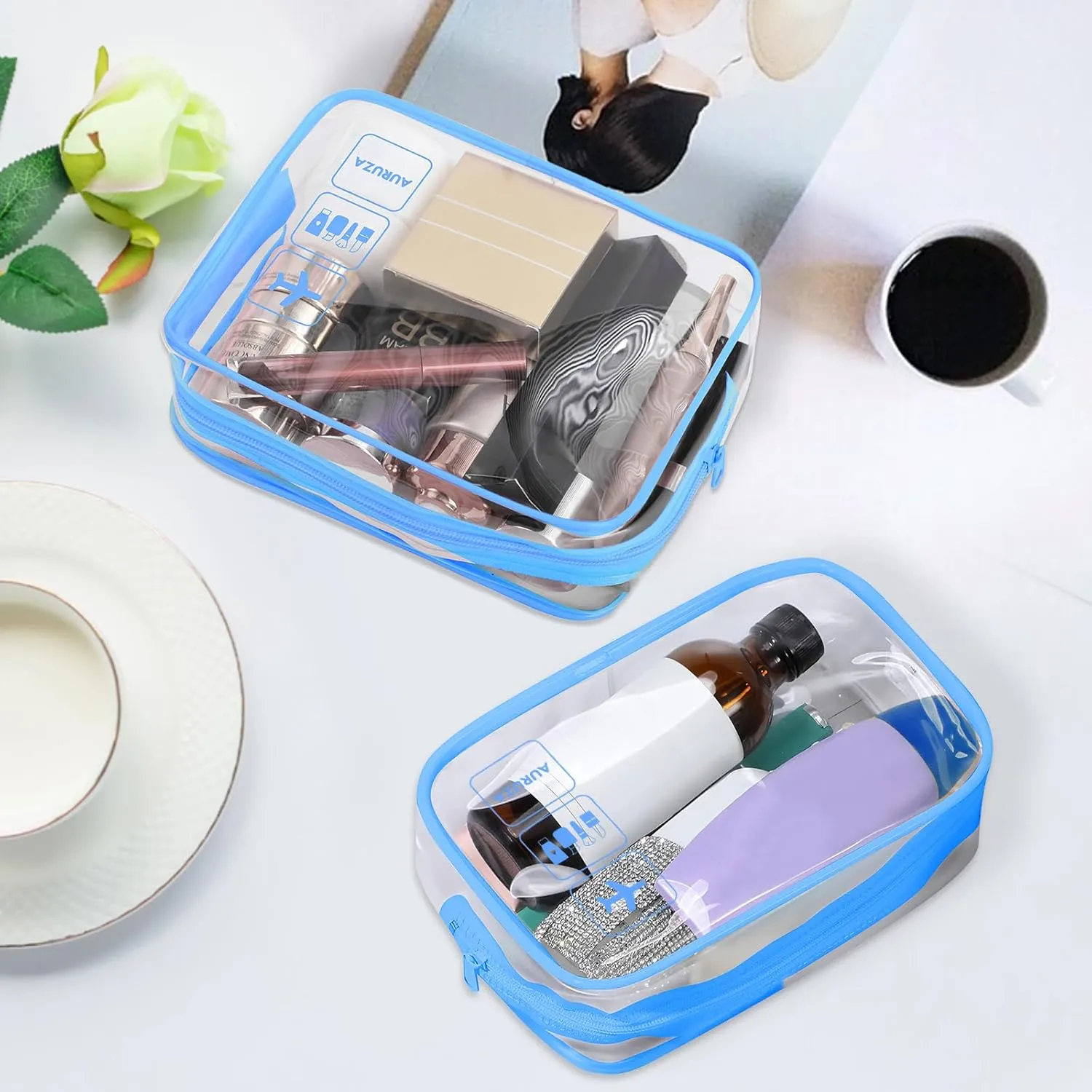 AURUZA 2 Pack Travel Toiletry Bag, Clear Makeup Bag, TSA Approved Cosmetic Bag with Zipper, Clear Organizer Carry on Bag for Women, PVC Cosmetic Pouch for Airport Airline Compliant