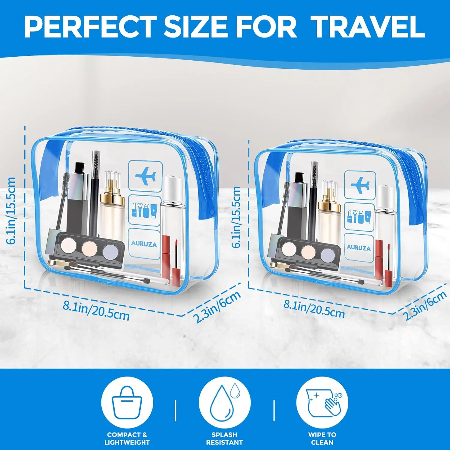 AURUZA 2 Pack Travel Toiletry Bag, Clear Makeup Bag, TSA Approved Cosmetic Bag with Zipper, Clear Organizer Carry on Bag for Women, PVC Cosmetic Pouch for Airport Airline Compliant