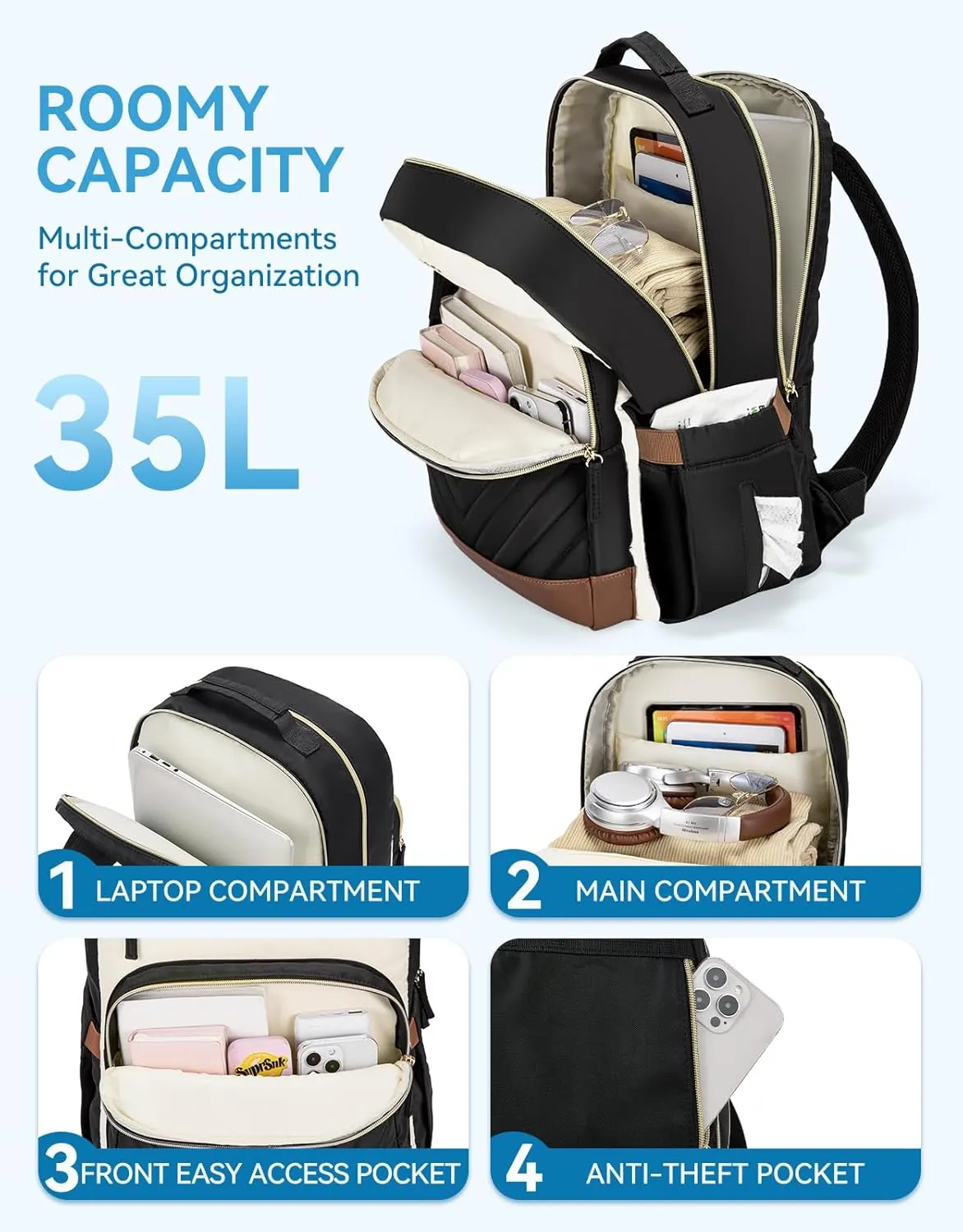 BOSTANTEN 15.6 Inch Laptop Backpack for Women- College Teacher Computer Bag Travel Backpack Purse BrownBlack