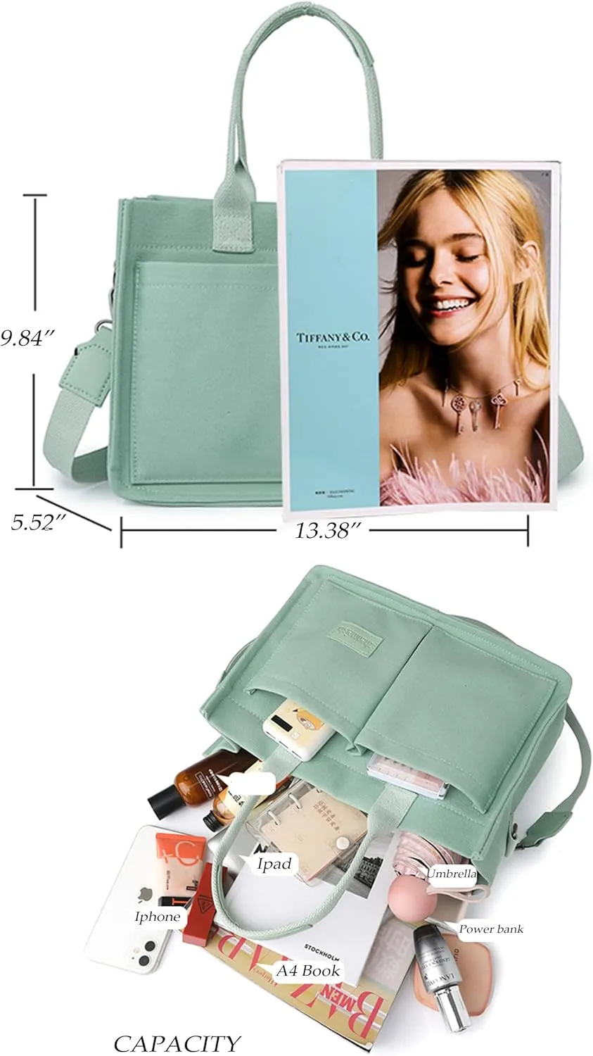 Cherry Tote Bag for Women Canvas Patched Purse Cute Shoulder Bag Multi-Pocket Satchel Handbag for work travel