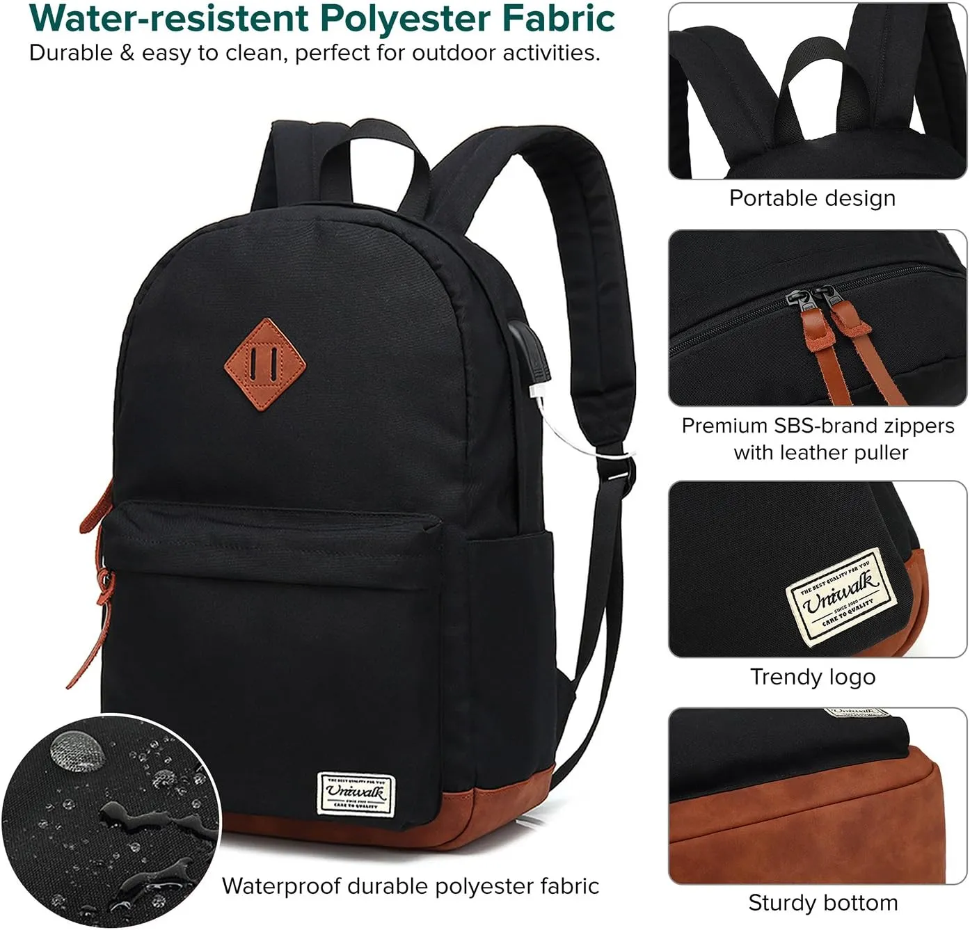 Classic College Backpack, Water-resistent Laptop Backpack with USB Charging Port & Headphone Adapter for Men & Women Travel Bookbags Fits up to 14'' Computer 15'' Macbook - Black