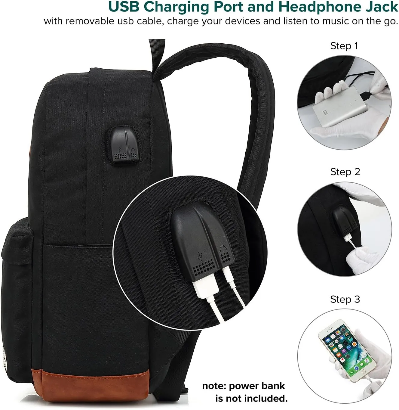 Classic College Backpack, Water-resistent Laptop Backpack with USB Charging Port & Headphone Adapter for Men & Women Travel Bookbags Fits up to 14'' Computer 15'' Macbook - Black