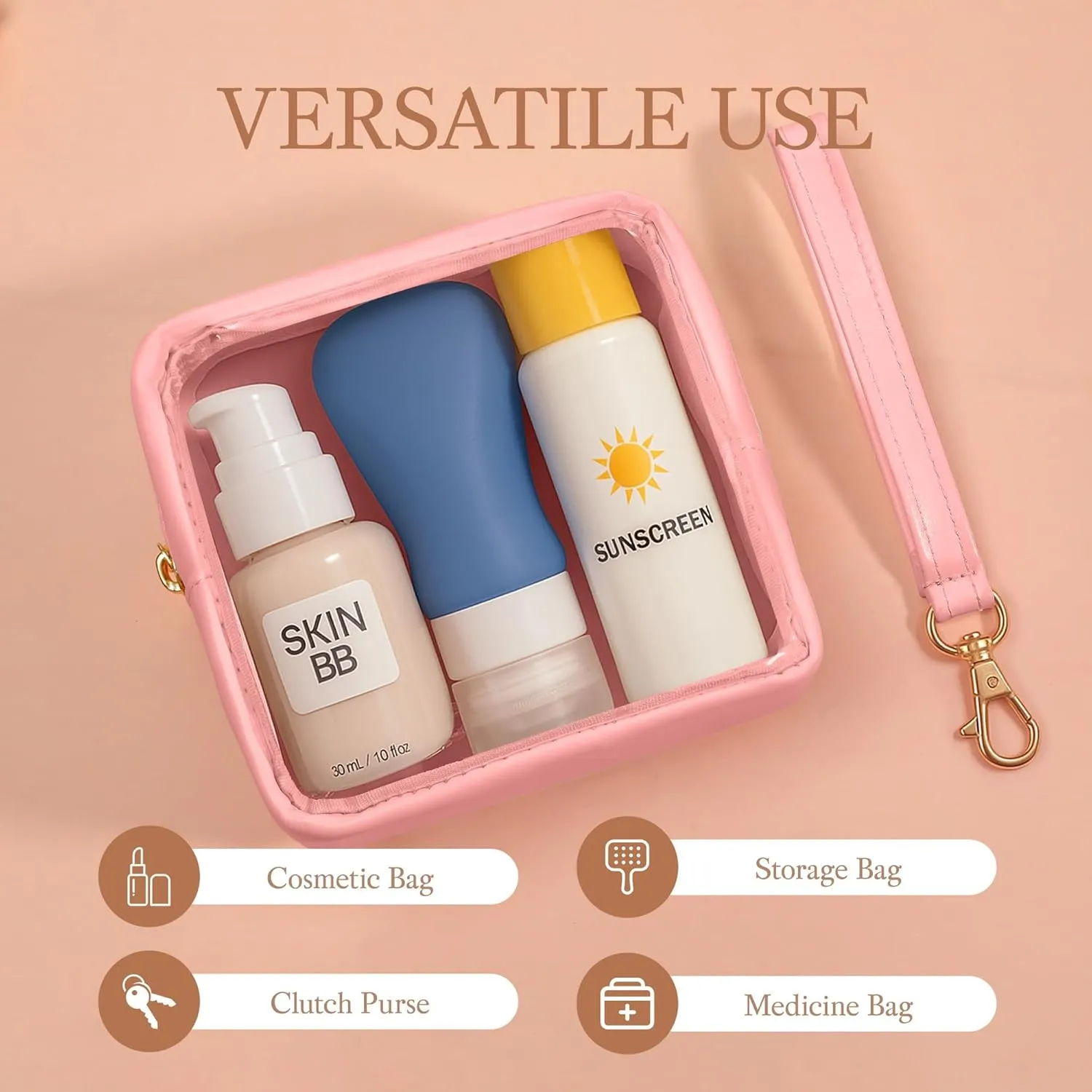 Clear Mini Makeup Bag for Women Waterproof Make Up Bag Portable Toiletry Bag Travel Essentials Cosmetic Bag Purse Cute Makeup Bag Organizer Small Car Pouch with Removable Handle, Pink