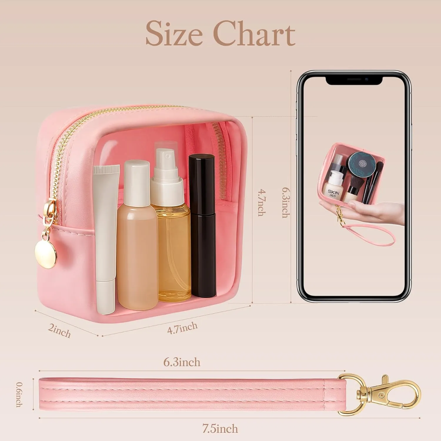 Clear Mini Makeup Bag for Women Waterproof Make Up Bag Portable Toiletry Bag Travel Essentials Cosmetic Bag Purse Cute Makeup Bag Organizer Small Car Pouch with Removable Handle, Pink