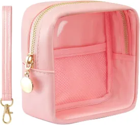 Clear Mini Makeup Bag for Women Waterproof Make Up Bag Portable Toiletry Bag Travel Essentials Cosmetic Bag Purse Cute Makeup Bag Organizer Small Car Pouch with Removable Handle, Pink