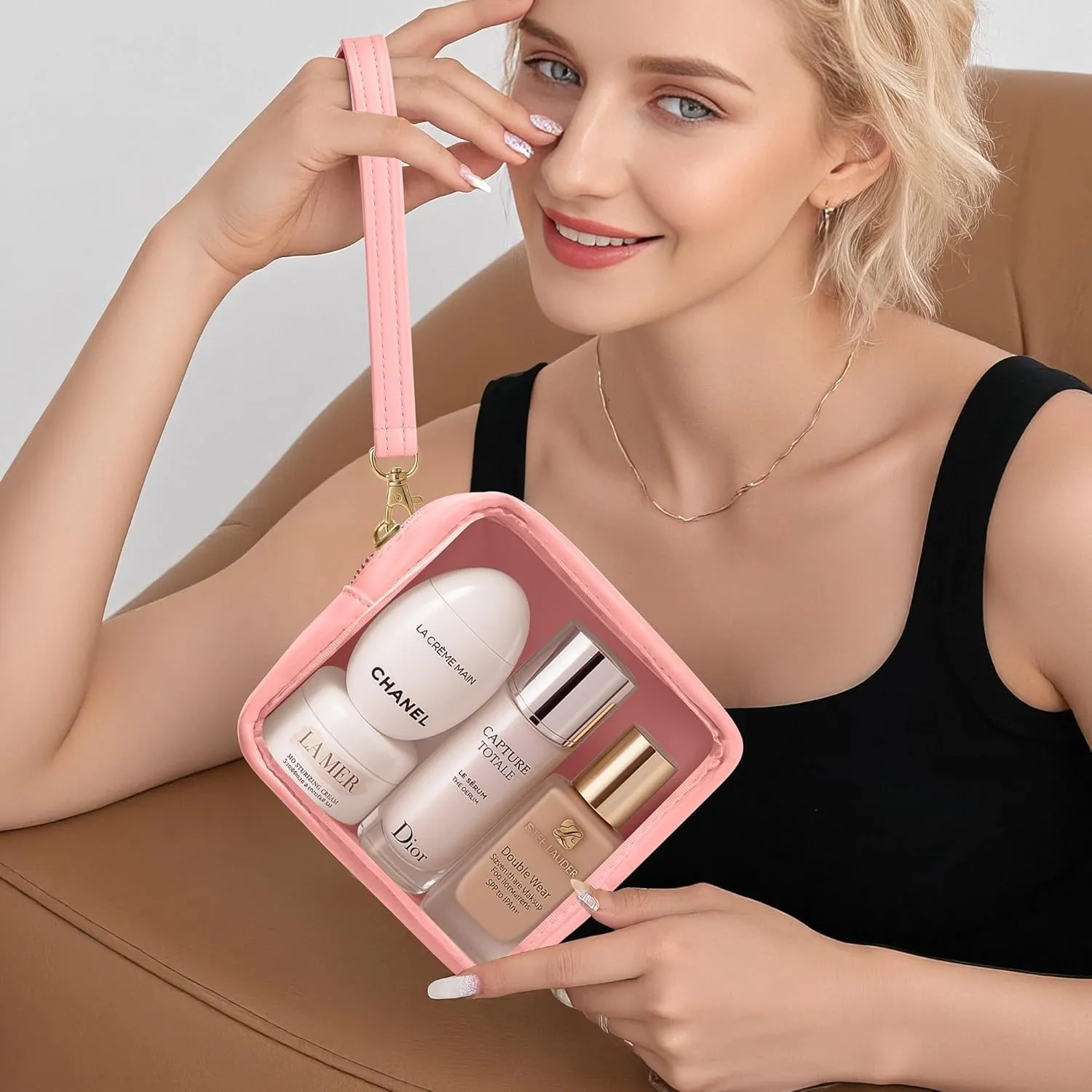 Clear Mini Makeup Bag for Women Waterproof Make Up Bag Portable Toiletry Bag Travel Essentials Cosmetic Bag Purse Cute Makeup Bag Organizer Small Car Pouch with Removable Handle, Pink