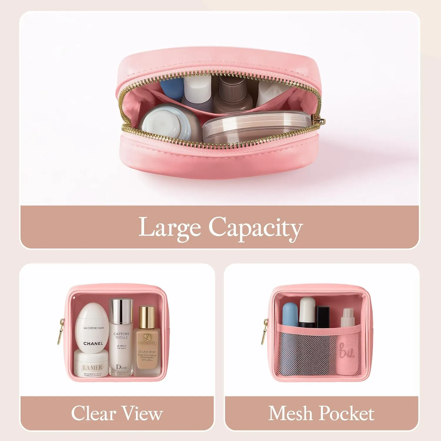 Clear Mini Makeup Bag for Women Waterproof Make Up Bag Portable Toiletry Bag Travel Essentials Cosmetic Bag Purse Cute Makeup Bag Organizer Small Car Pouch with Removable Handle, Pink