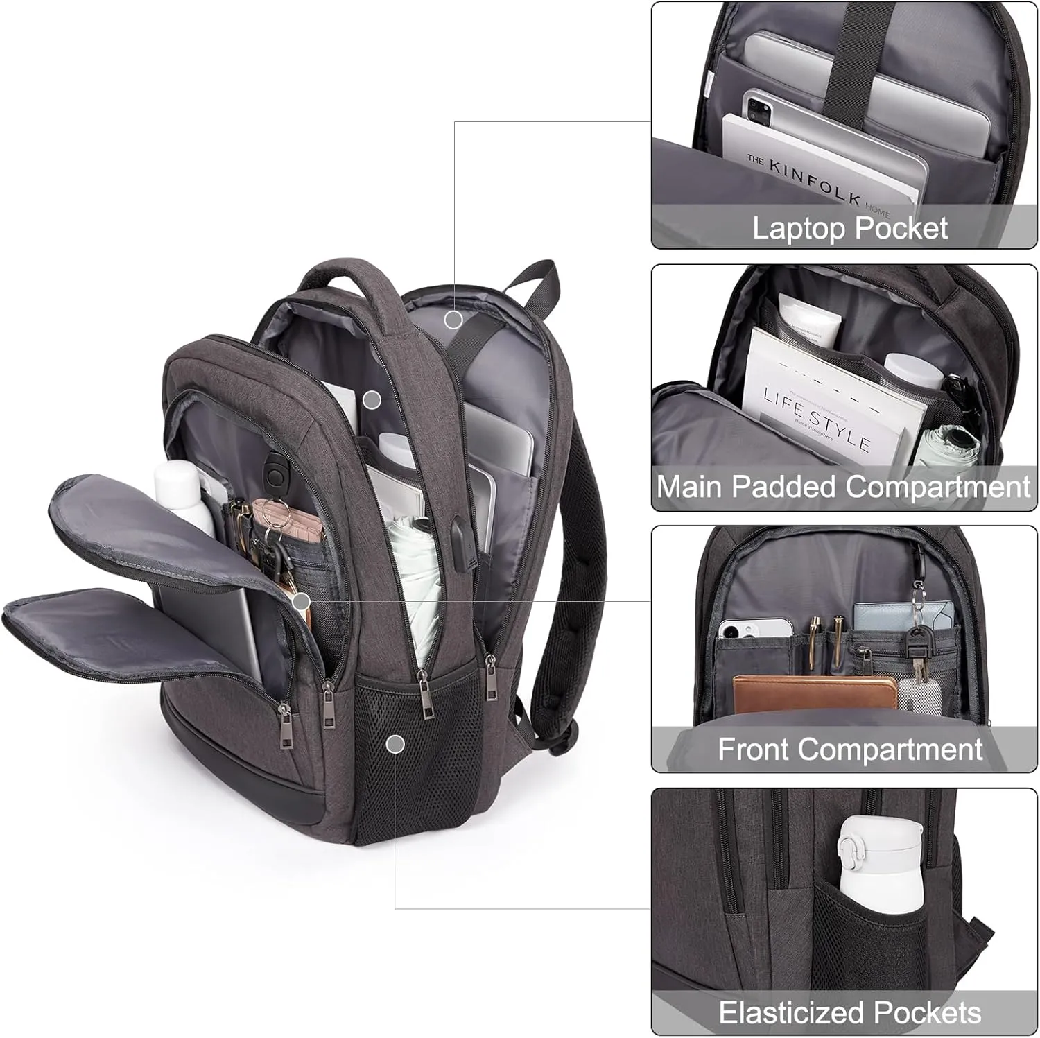 CLUCI Laptop Backpack for Men Women School Backpack College Bookbag for Men Water Resistant Travel Work Backpacks Fits 15.6" Laptop Business Computer Bag with USB Charging Port Black