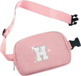 COSHAYSOO Initial Belt Bag Small Waist Fanny Pack Crossbody Purse Trendy with Preppy Letter Patch, Cute Gifts for Runners Traveller Women Dancer Girl Trip Favors Carrying All Purpose Pouch Pink (H)
