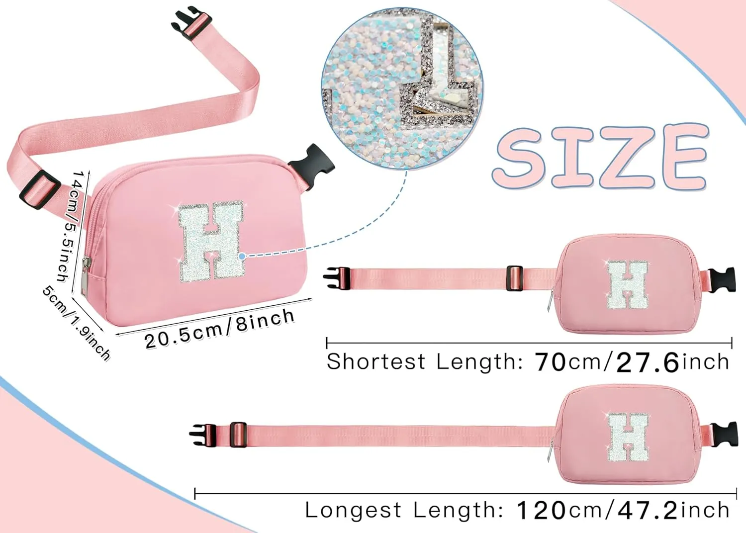 COSHAYSOO Initial Belt Bag Small Waist Fanny Pack Crossbody Purse Trendy with Preppy Letter Patch, Cute Gifts for Runners Traveller Women Dancer Girl Trip Favors Carrying All Purpose Pouch Pink (H)