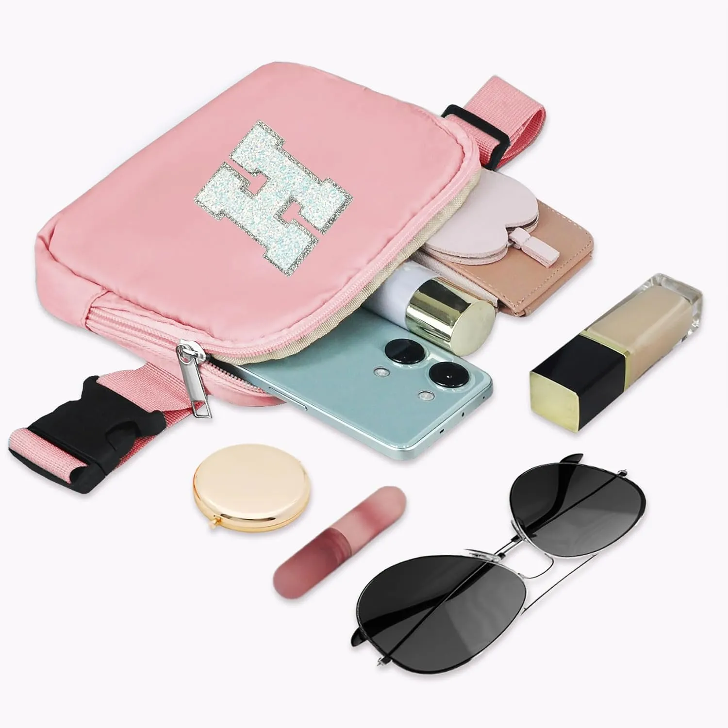 COSHAYSOO Initial Belt Bag Small Waist Fanny Pack Crossbody Purse Trendy with Preppy Letter Patch, Cute Gifts for Runners Traveller Women Dancer Girl Trip Favors Carrying All Purpose Pouch Pink (H)