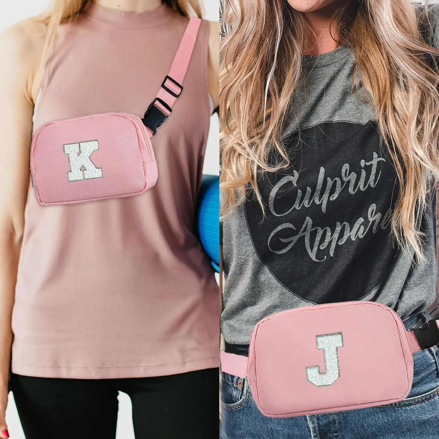 COSHAYSOO Initial Belt Bag Small Waist Fanny Pack Crossbody Purse Trendy with Preppy Letter Patch, Cute Gifts for Runners Traveller Women Dancer Girl Trip Favors Carrying All Purpose Pouch Pink (H)