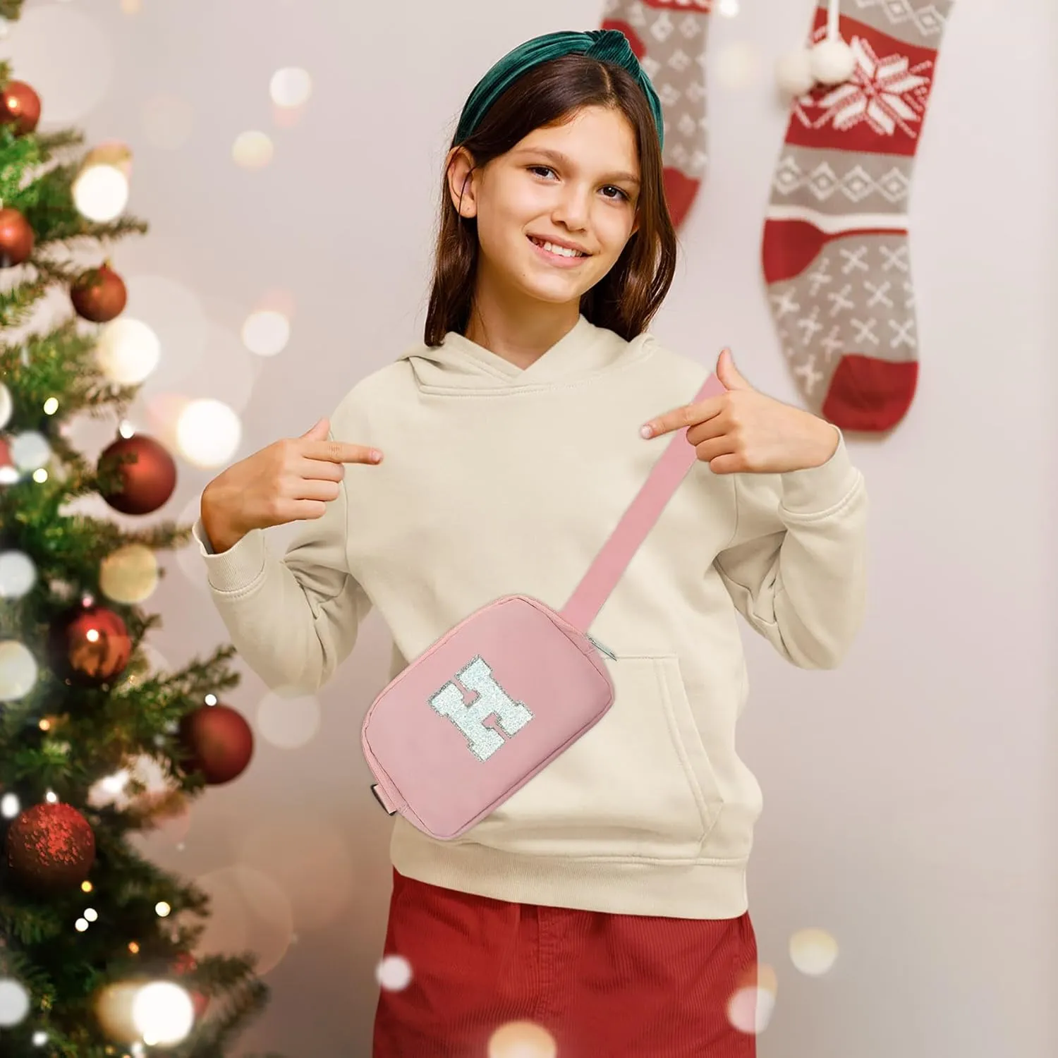 COSHAYSOO Initial Belt Bag Small Waist Fanny Pack Crossbody Purse Trendy with Preppy Letter Patch, Cute Gifts for Runners Traveller Women Dancer Girl Trip Favors Carrying All Purpose Pouch Pink (H)