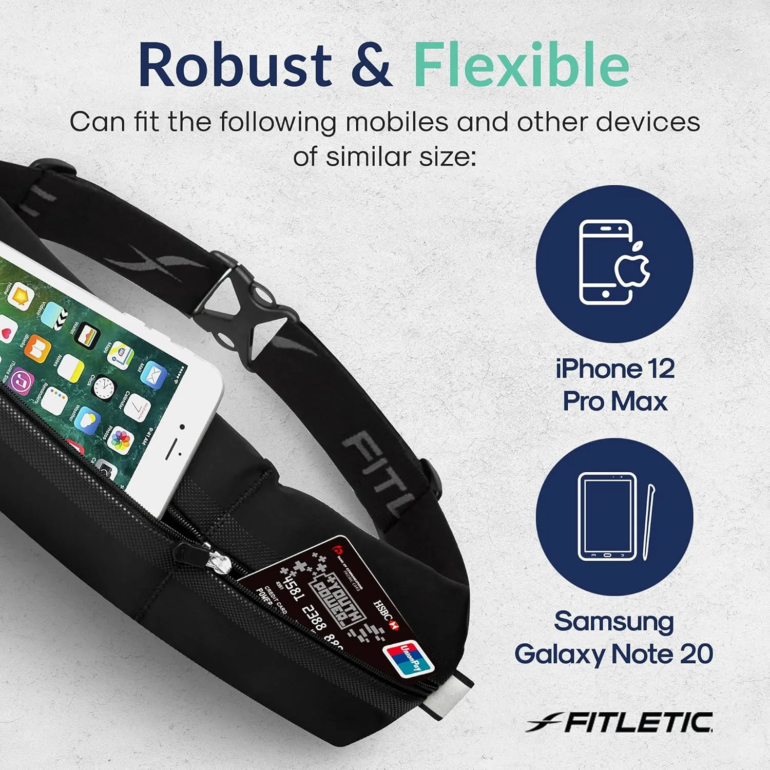 Fitletic Bolt Double Pocket Running Belt & Active Fanny Pack For Men & Women  Water Resistant, Lightweight Sleek Design  Patented No Bounce Hip Hugging Fit  Holds Any Phone
