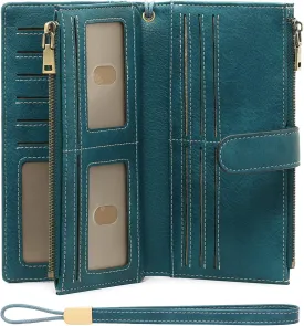 GOIACII Womens Wallets Large Capacity Credit Card Holder Rfid Wallet Women Double Zipper Pocket Leather Bifold Ladies Wristlet Clutch Wallet