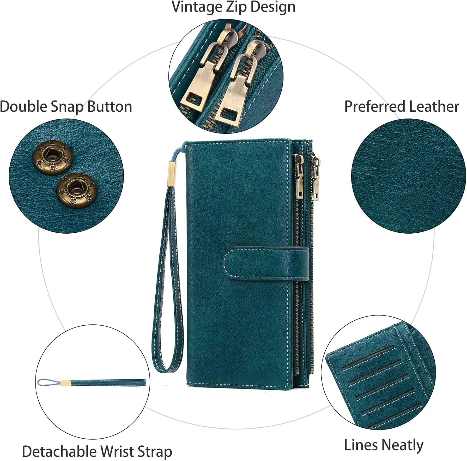 GOIACII Womens Wallets Large Capacity Credit Card Holder Rfid Wallet Women Double Zipper Pocket Leather Bifold Ladies Wristlet Clutch Wallet
