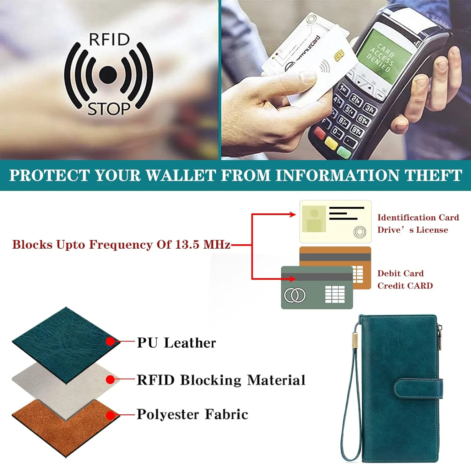 GOIACII Womens Wallets Large Capacity Credit Card Holder Rfid Wallet Women Double Zipper Pocket Leather Bifold Ladies Wristlet Clutch Wallet