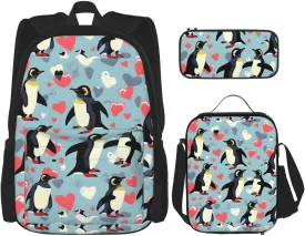 I Love Penguins print 3-Piece Casual Backpack Set (Backpack   Waist Bag   Small Pouch), Unisex Daypack