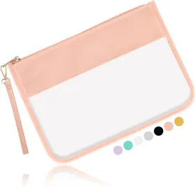 Iqimott Clear Zipper Pouch, DIY Clear Makeup Cosmetic Bag Purse for Women Girls, Chenille Letter Travel Toiletry Bag(Pink)