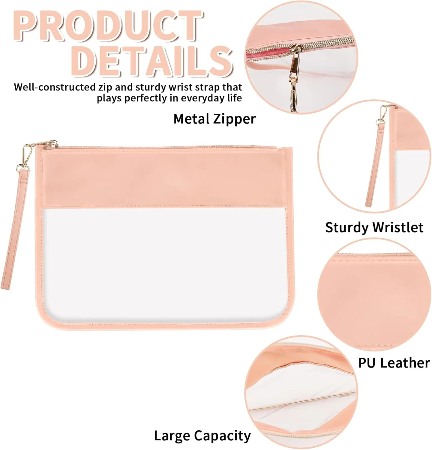 Iqimott Clear Zipper Pouch, DIY Clear Makeup Cosmetic Bag Purse for Women Girls, Chenille Letter Travel Toiletry Bag(Pink)