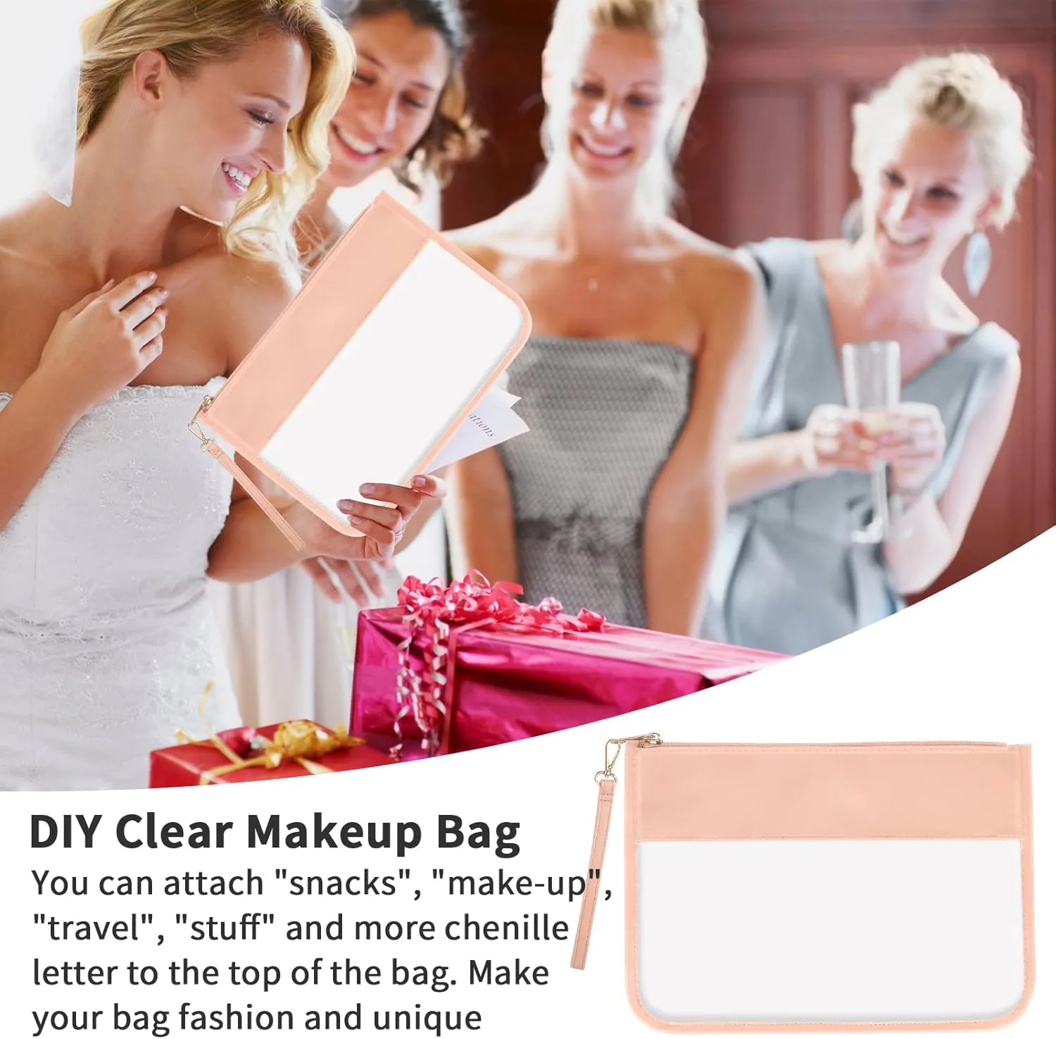 Iqimott Clear Zipper Pouch, DIY Clear Makeup Cosmetic Bag Purse for Women Girls, Chenille Letter Travel Toiletry Bag(Pink)