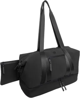 Joan & David 21" Weekender Yoga Gym Duffel Bag with Neoprene Zippered Drop Bottom Compartment Lined In Peva for Non-absorbtion of Odors, Detachable Pouch, Including TSA Approved Bottles (Black)