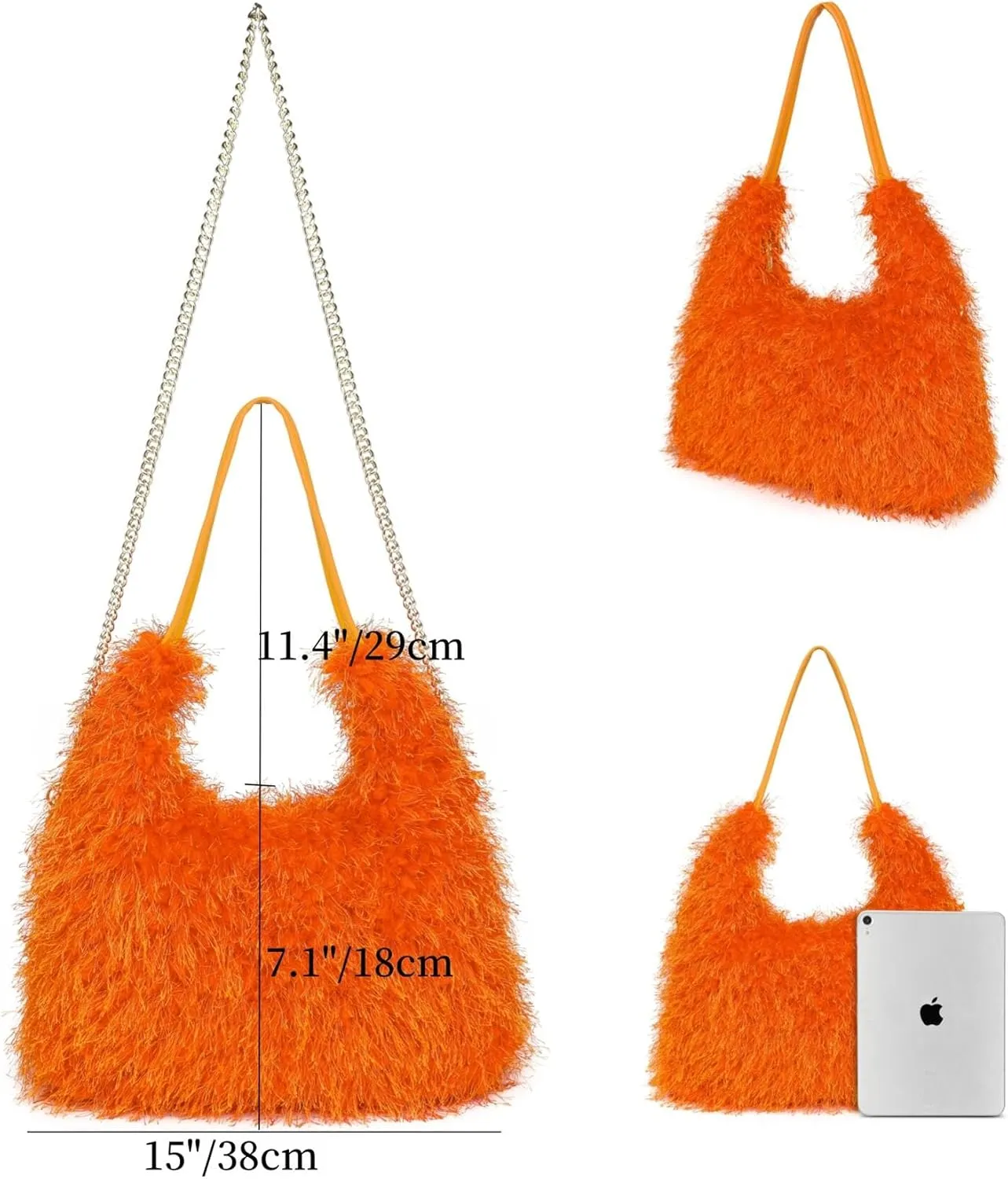 Large Furry Hobo Shoulder Crossbody Bag for Women Faux Fur Fuzzy Plush Purse and Handbag With Long Chain Strap