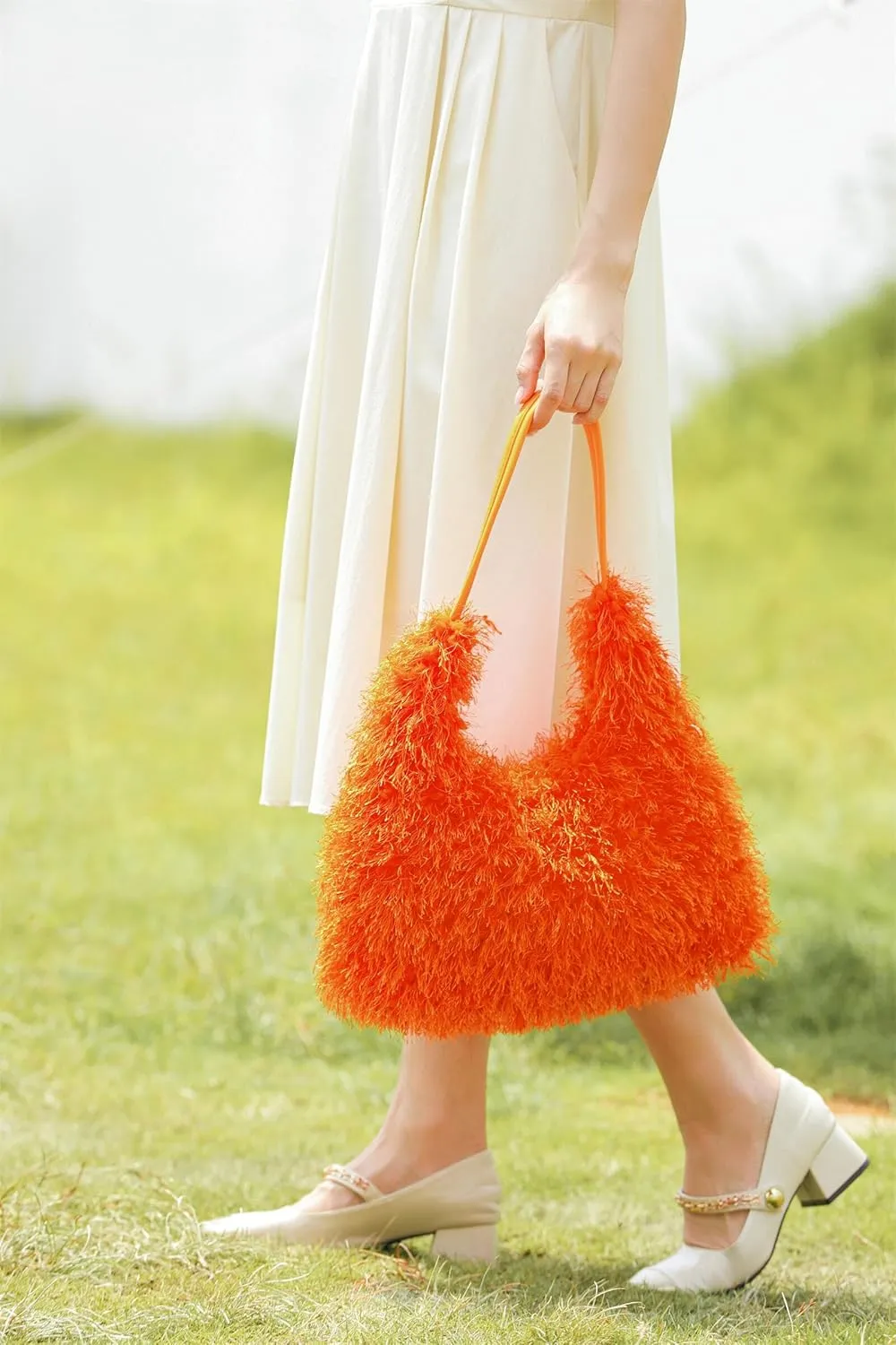 Large Furry Hobo Shoulder Crossbody Bag for Women Faux Fur Fuzzy Plush Purse and Handbag With Long Chain Strap