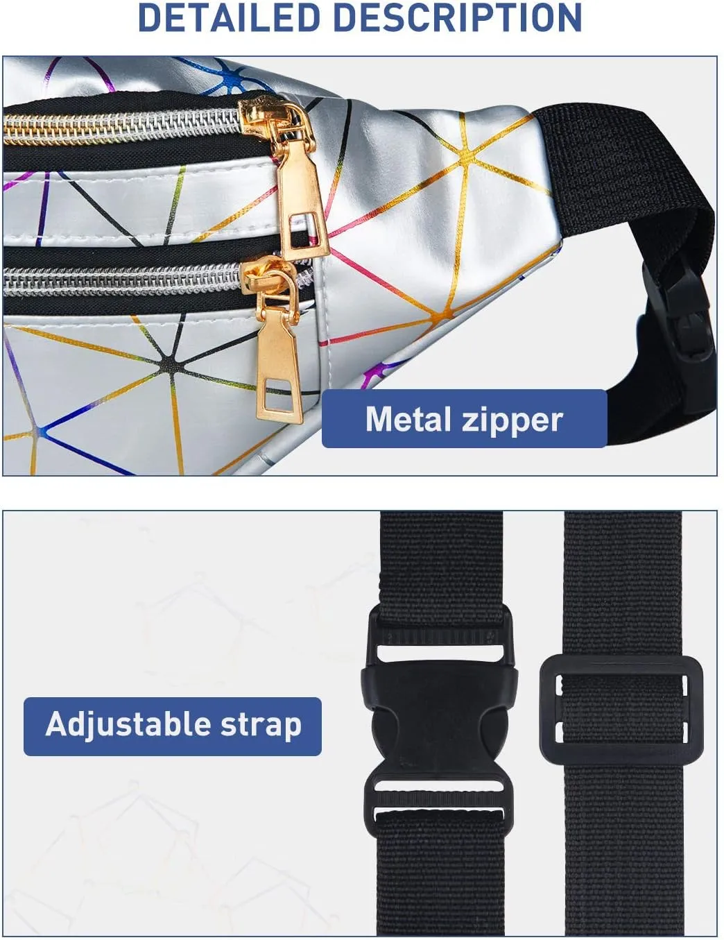 LIVACASA Fanny Packs for Women Waterproof Holographic Waist Packs Shiny with Adjustable Belt Diamond Lattice Pattern for Party Festival Trip Silver
