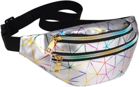 LIVACASA Fanny Packs for Women Waterproof Holographic Waist Packs Shiny with Adjustable Belt Diamond Lattice Pattern for Party Festival Trip Silver