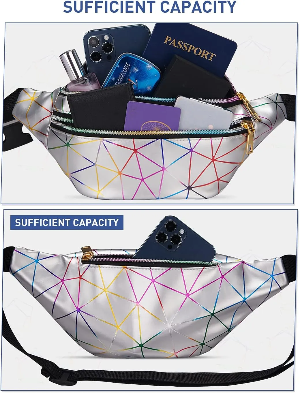 LIVACASA Fanny Packs for Women Waterproof Holographic Waist Packs Shiny with Adjustable Belt Diamond Lattice Pattern for Party Festival Trip Silver