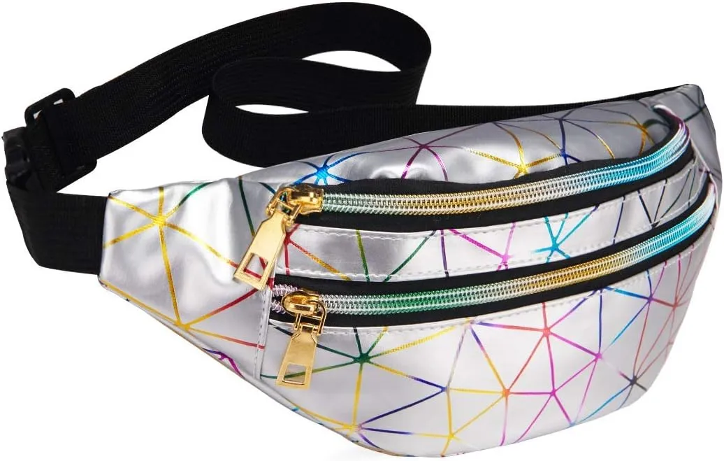 LIVACASA Fanny Packs for Women Waterproof Holographic Waist Packs Shiny with Adjustable Belt Diamond Lattice Pattern for Party Festival Trip Silver