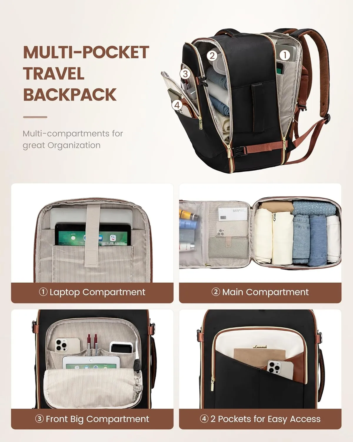LOVEVOOK Large Travel Backpack for Women&Men,TSA Carry on Backpack for Airplanes with 3 Packing Cubes,Personal Item Bag Fit 17" Laptop,40L Waterproof Essentials Airline Approved Luggage