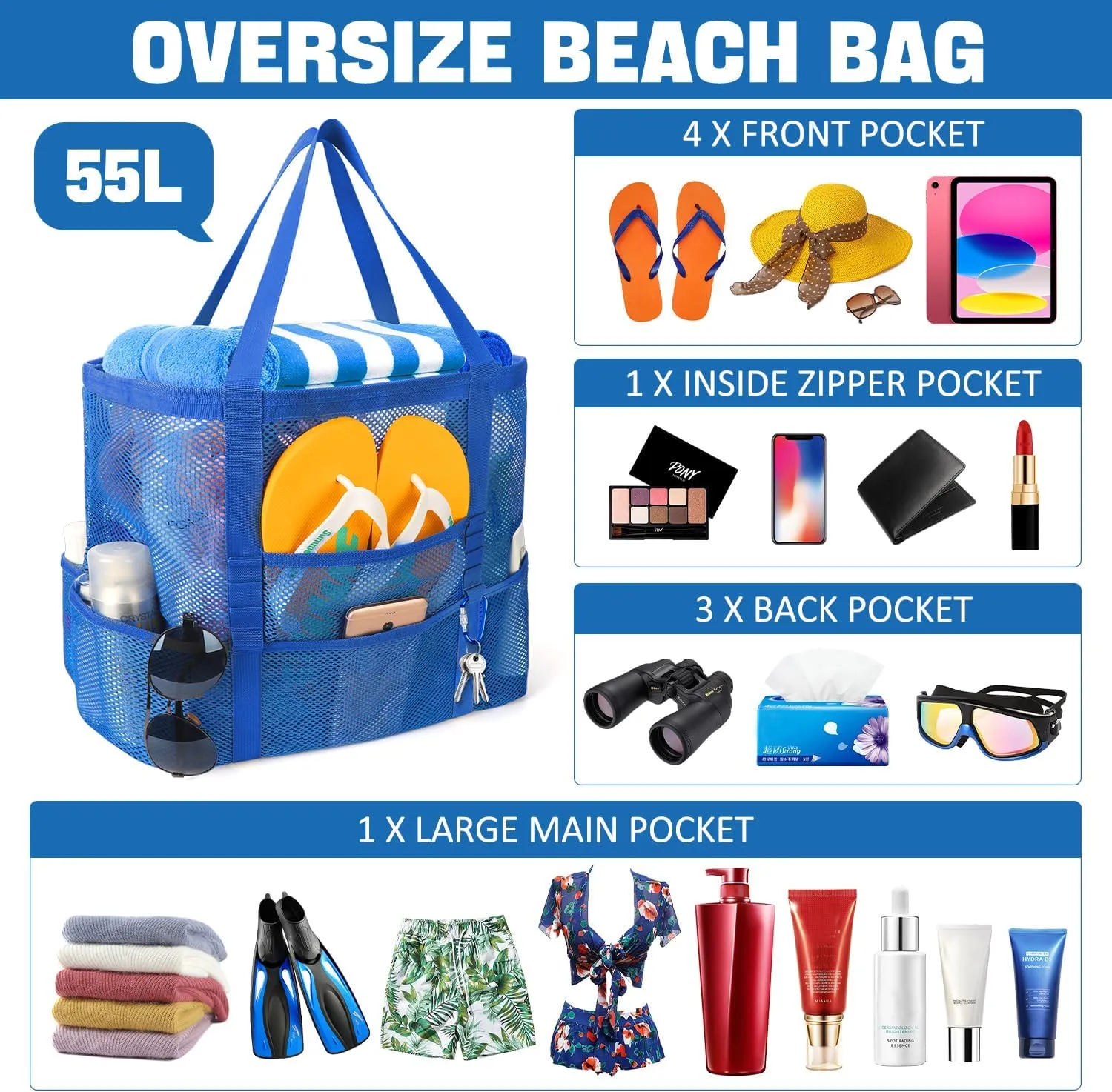 Mesh Beach Bag, Large Beach Bag Swimming Bag Foldable Mesh Tote for Your Family Beach Trip