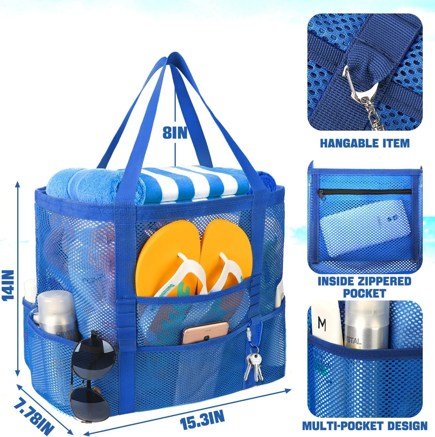 Mesh Beach Bag, Large Beach Bag Swimming Bag Foldable Mesh Tote for Your Family Beach Trip