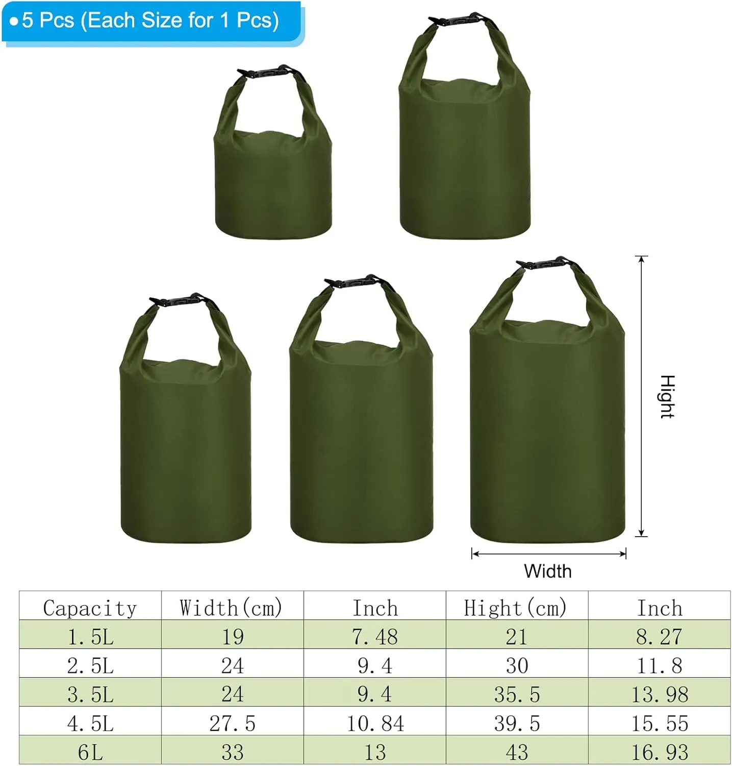 PATIKIL Waterproof Dry Bags, 5 Pack Portable Dry Sack Roll Top Bag Lightweight Dry Storage Bag for Gym Kayaking Hiking Swimming Camping, Green, (1.5L, 2.5L, 3.5L, 4.5L, 6L)