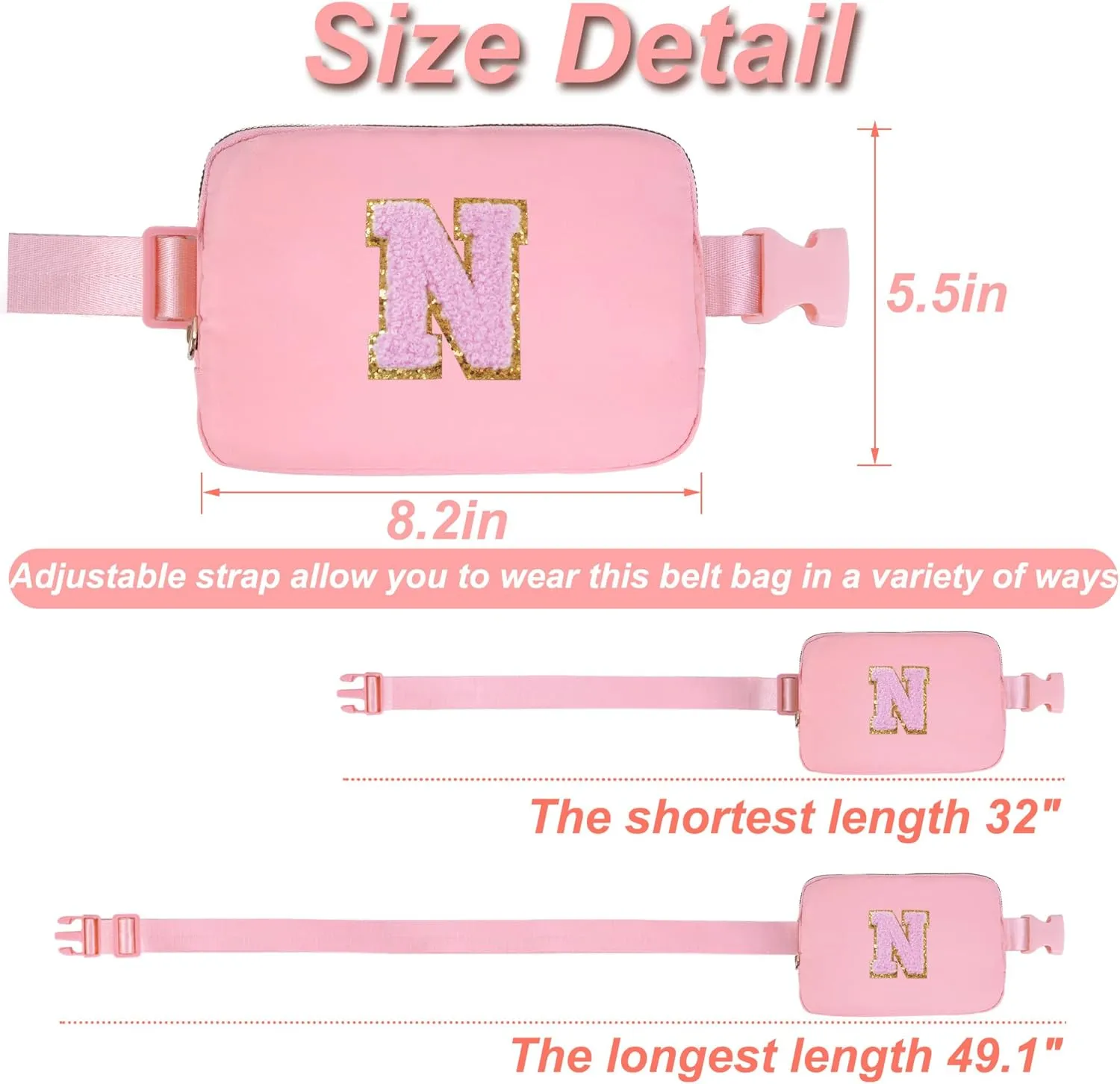 Personalized Belt Bag for Women Girls - Fashion Mini Waist Packs with Adjustable Strap - Trendy Travel Fanny Pack Crossbody Bags with Initial Letter - Teen Gifts | Peach,N