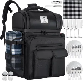 Picnic Backpack for 4 Person with 2 Insulated Leakproof Cooler Compartment, 4 Cutlery Sets, Wine Holder, Fleece Blanket, Perfect for Beach, Camping, Hiking, Black