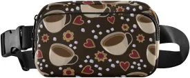 Seamless Cups of Coffee, Floral Cookies and Sugar, White Cubes Adjustable Belt Running Bag, Crossbody Fanny Pack Waist Runners Bag Tote for Women Men Sports Hiking Fitness Exercise Gym Pouch