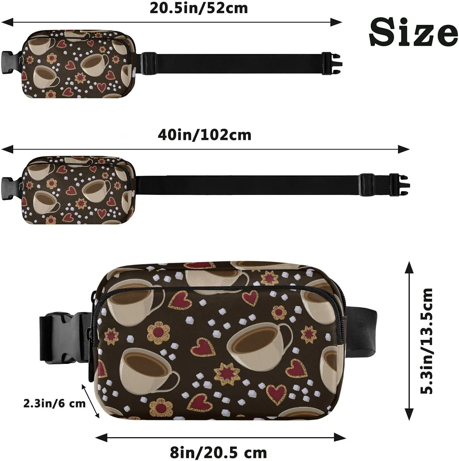 Seamless Cups of Coffee, Floral Cookies and Sugar, White Cubes Adjustable Belt Running Bag, Crossbody Fanny Pack Waist Runners Bag Tote for Women Men Sports Hiking Fitness Exercise Gym Pouch