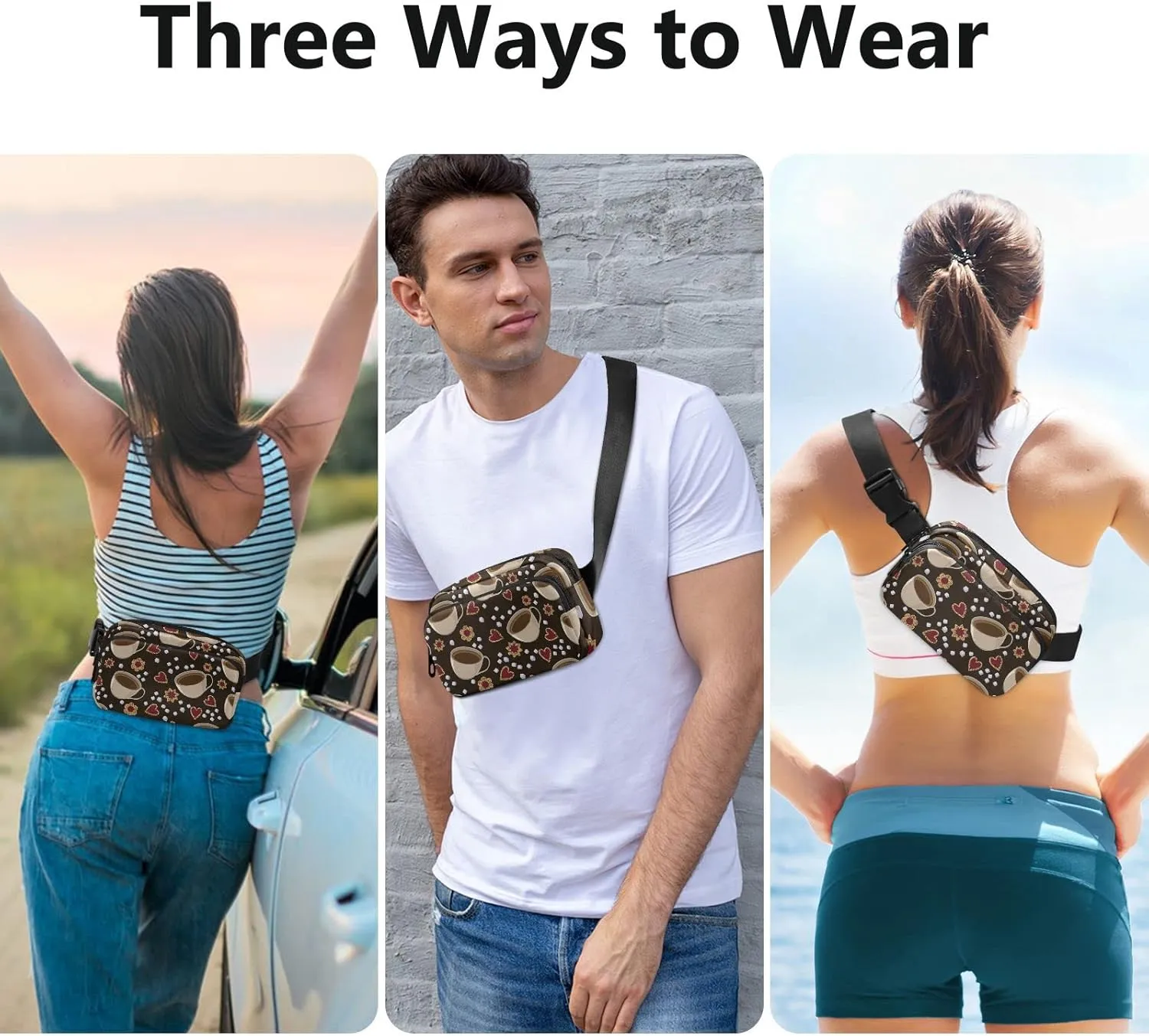 Seamless Cups of Coffee, Floral Cookies and Sugar, White Cubes Adjustable Belt Running Bag, Crossbody Fanny Pack Waist Runners Bag Tote for Women Men Sports Hiking Fitness Exercise Gym Pouch