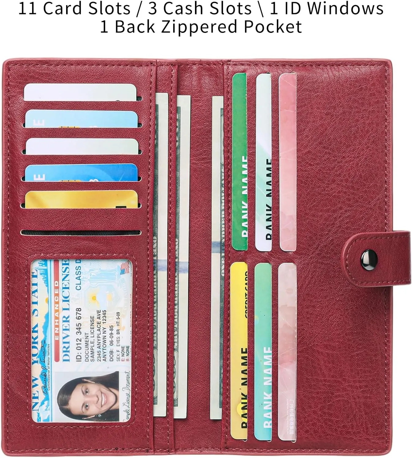 Slim Wallet Women Leather RFID Blocking Credit Card Holder Bifold Thin Long Purse with Zipper Pocket with ID Window