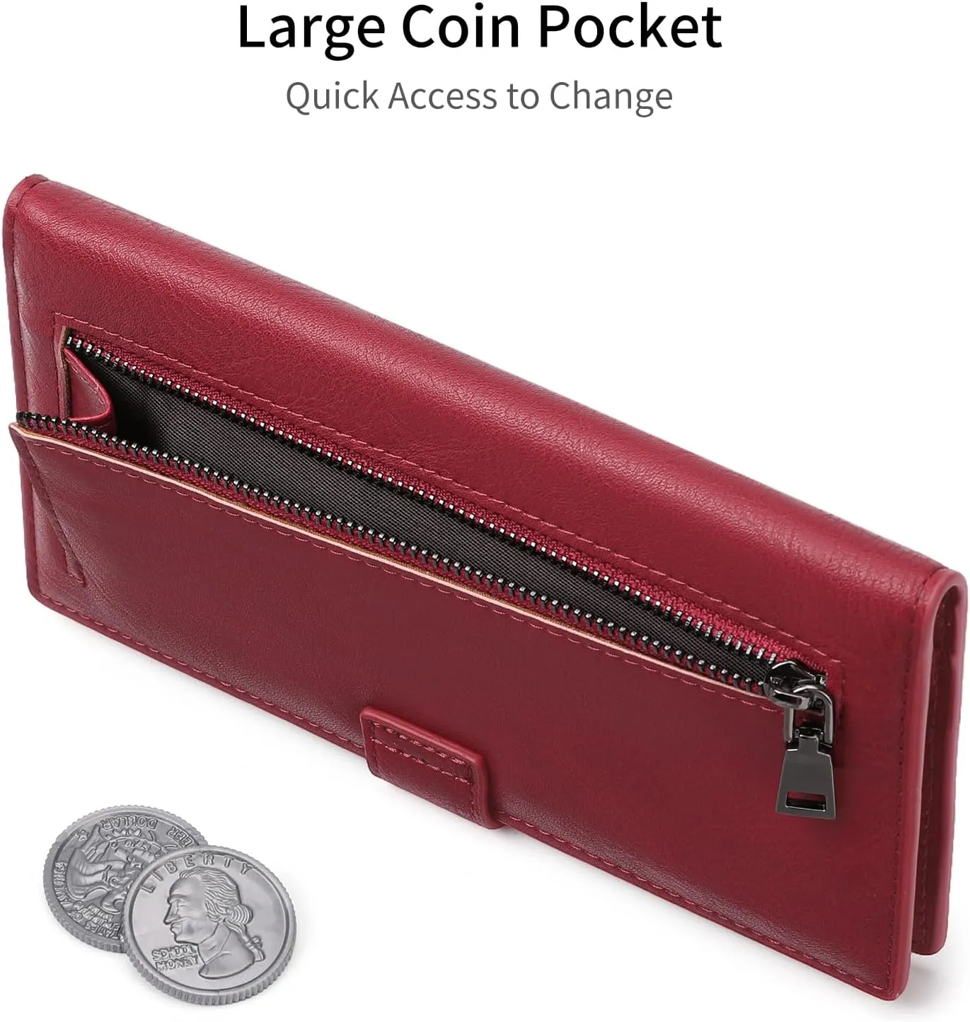 Slim Wallet Women Leather RFID Blocking Credit Card Holder Bifold Thin Long Purse with Zipper Pocket with ID Window