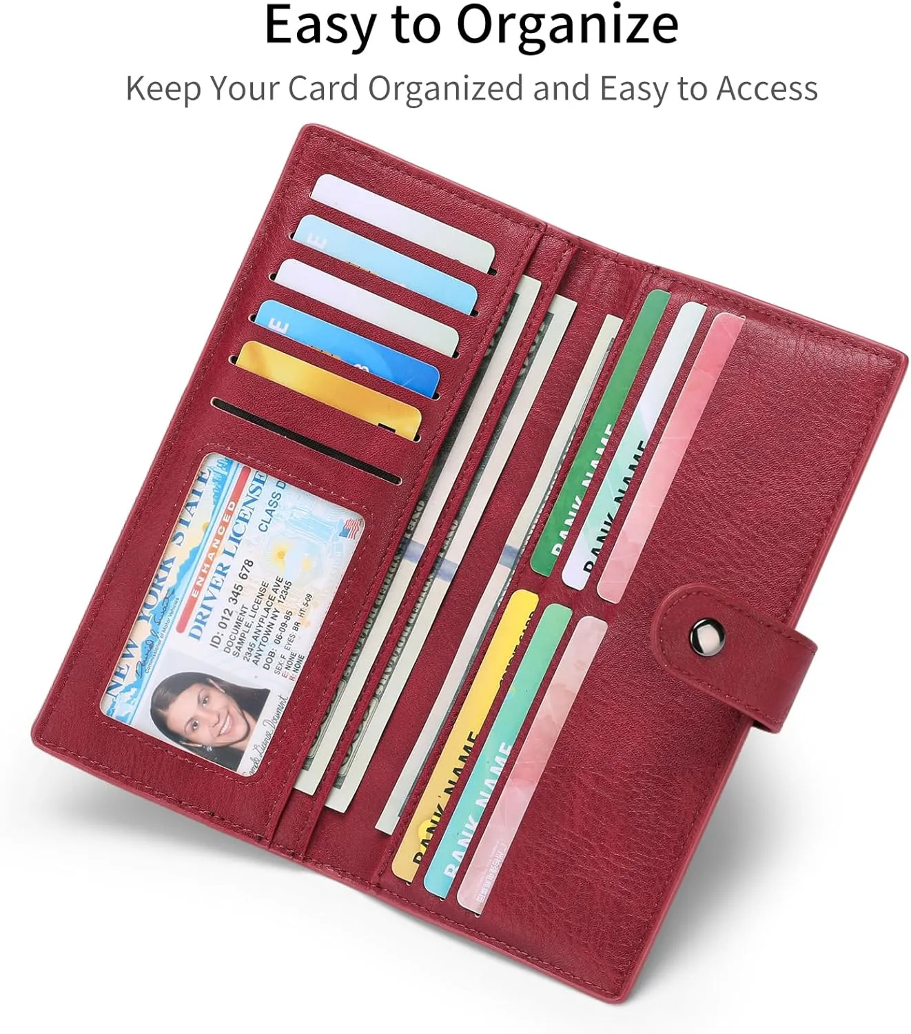 Slim Wallet Women Leather RFID Blocking Credit Card Holder Bifold Thin Long Purse with Zipper Pocket with ID Window