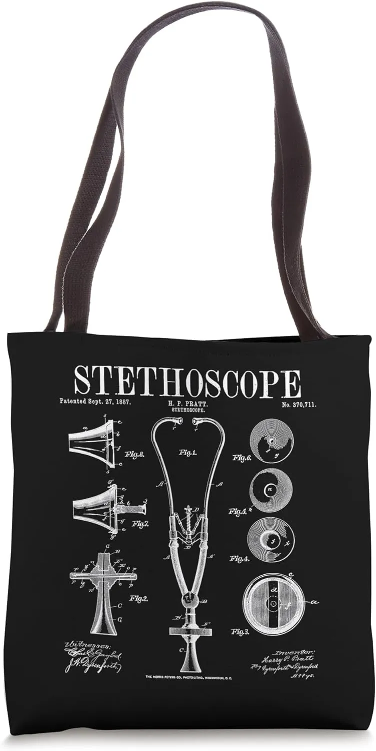 Stethoscope Old Vintage Patent Drawing Print Doctor Nurse Tote Bag