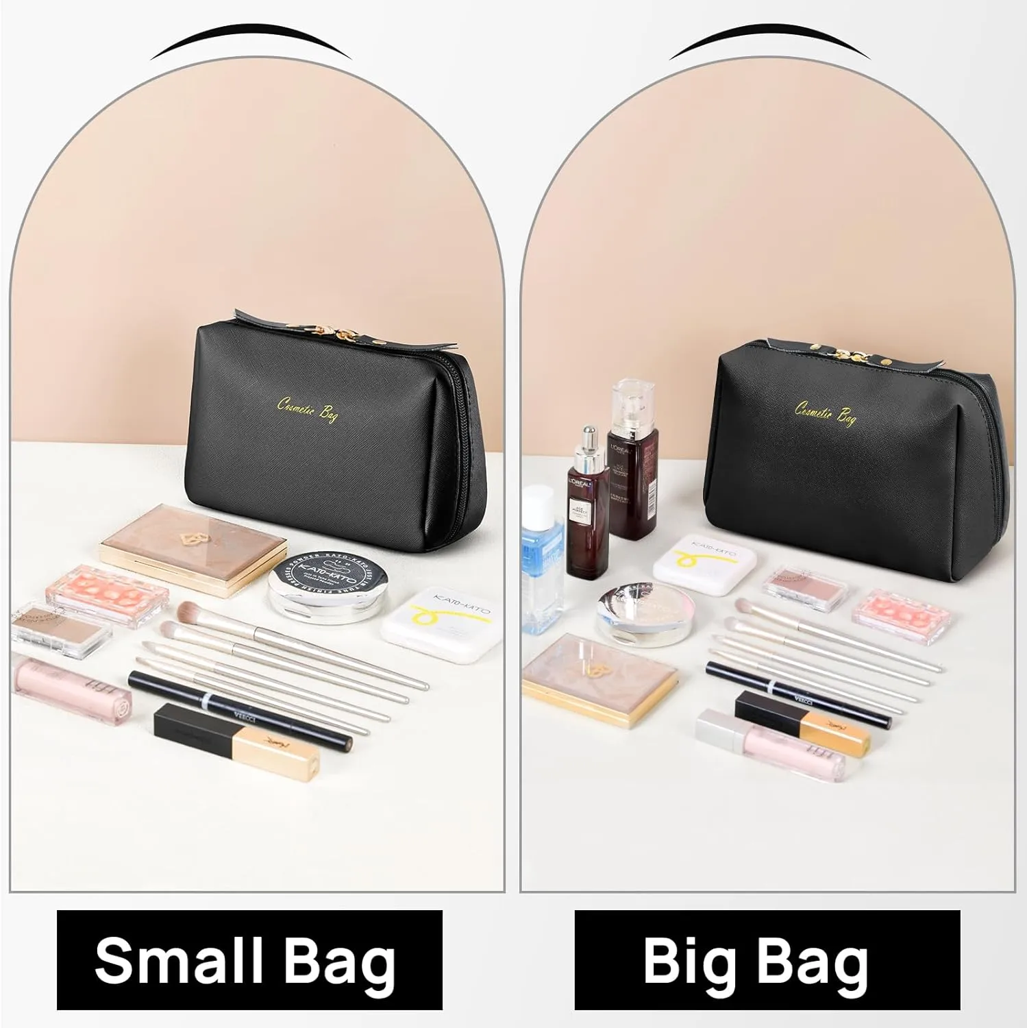Topwey Black Makeup Bag, Travel Essentials Cosmetic Bags for Women, Waterproof Portable Pouch travel toiletry bag with Divider (Small)