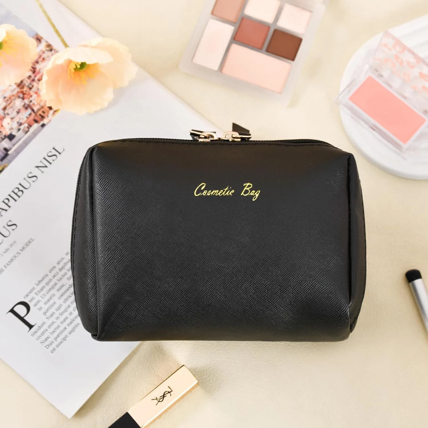 Topwey Black Makeup Bag, Travel Essentials Cosmetic Bags for Women, Waterproof Portable Pouch travel toiletry bag with Divider (Small)