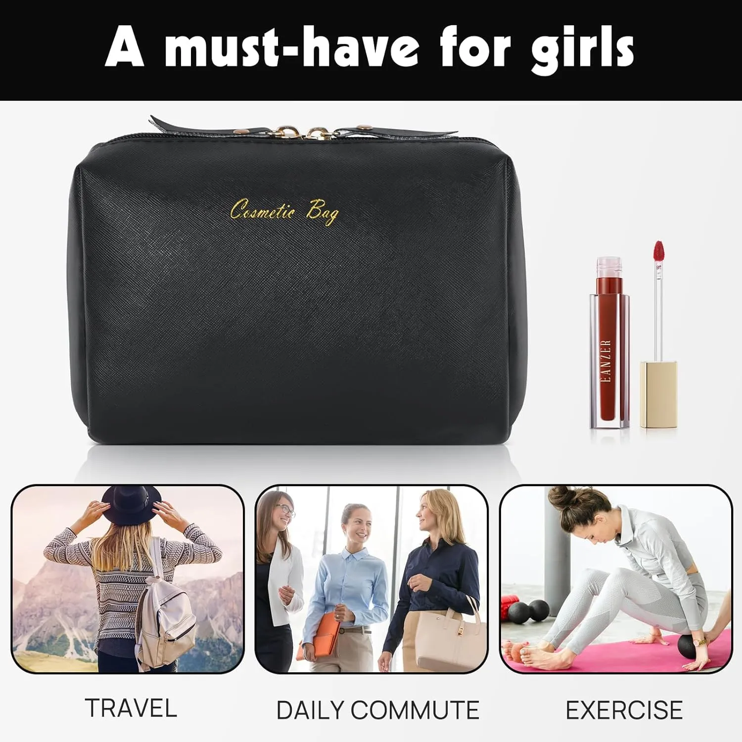 Topwey Black Makeup Bag, Travel Essentials Cosmetic Bags for Women, Waterproof Portable Pouch travel toiletry bag with Divider (Small)